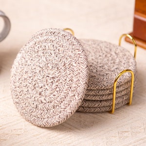 Juego de posavasos de cuerda de algodón hechos a mano con soporte, regalos de inauguración de la casa, regalo para anfitrionas, regalos para el hogar, posavasos de mesa, regalos para maestros.