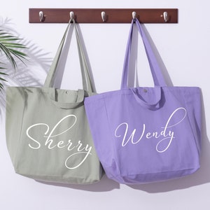 Cadeau d'anniversaire personnalisé pour elle, grands sacs à bandoulière en toile personnalisés avec nom, sacs fourre-tout de plage, cadeau d'une meilleure amie, cartable, sac de voyage