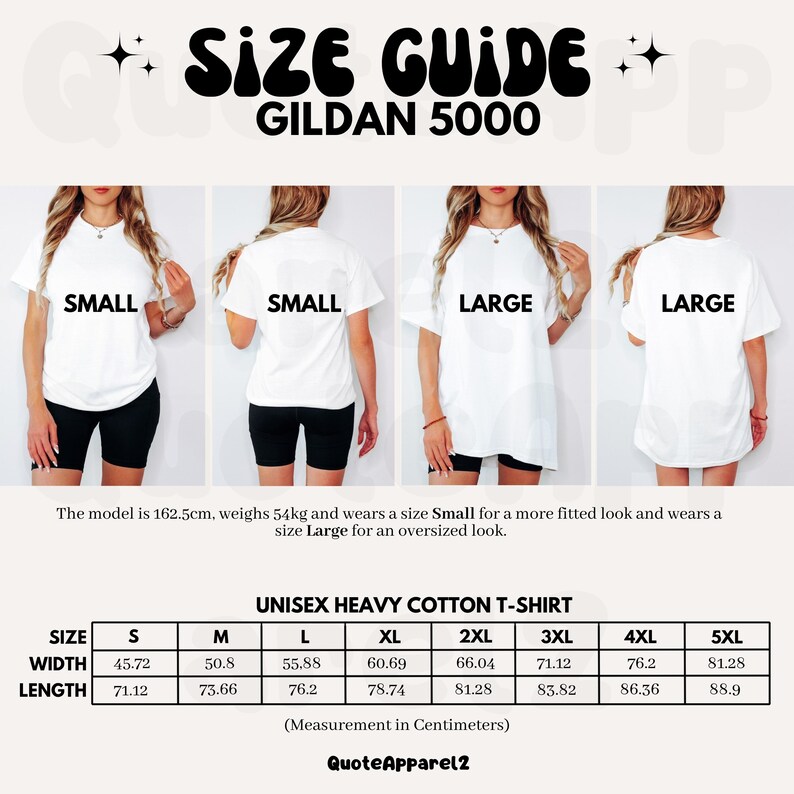 May include: A size guide for a Gildan 5000 unisex heavy cotton t-shirt. The image shows models wearing small and large shirts. Measurements are in centimeters, with shirt widths ranging from 18 inches to 32 inches and lengths from 28 inches to 35 inches. The text "QuoteApparel2" is at the bottom.