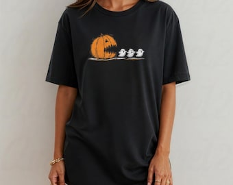 Spooky Ghost and Pumpkin Tee, Halloween Shirt, Unisex Cotton Tee, Fall Style, Ghost Costume T-shirt, Pumpkin Patch Apparel