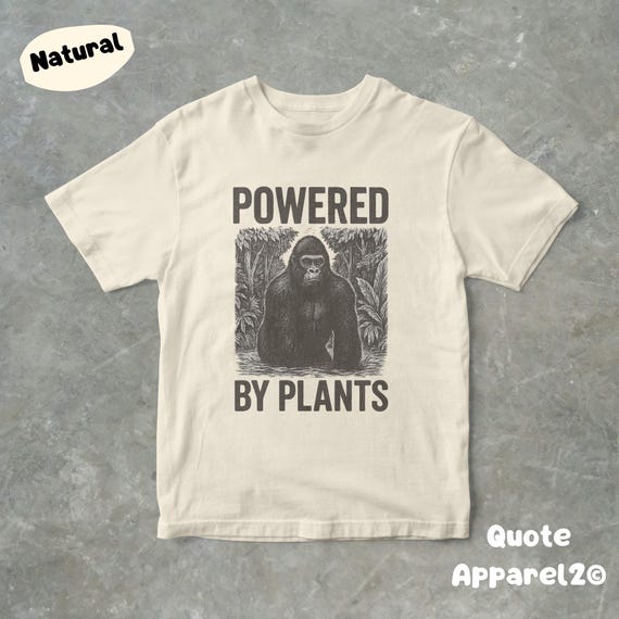 Powered by Plants Gorilla Graphic T Shirt, Unisex Adult T Shirt, Gift For Her And Him, Vintage Style Graphic T Shirt, Vegan T Shirt