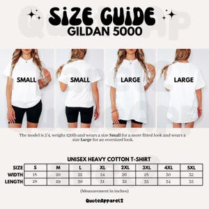 May include: Size chart for a unisex Gildan 5000 heavy cotton t-shirt. The chart shows measurements in inches for width and length in sizes small through 5XL.