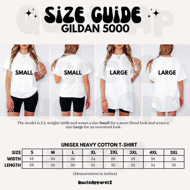 May include: Size chart for a unisex Gildan 5000 heavy cotton t-shirt. The chart shows measurements in inches for width and length in sizes small through 5XL.