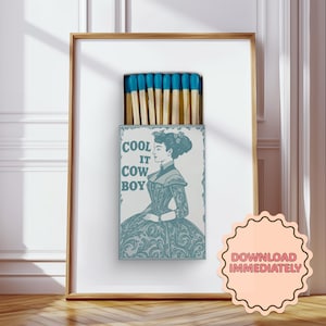Cool It Cowboy Matchbook Print | Digital Print | Millennial Wall Art in Indigo Blue & White | Coastal Cowgirl Millennial Granddaughter