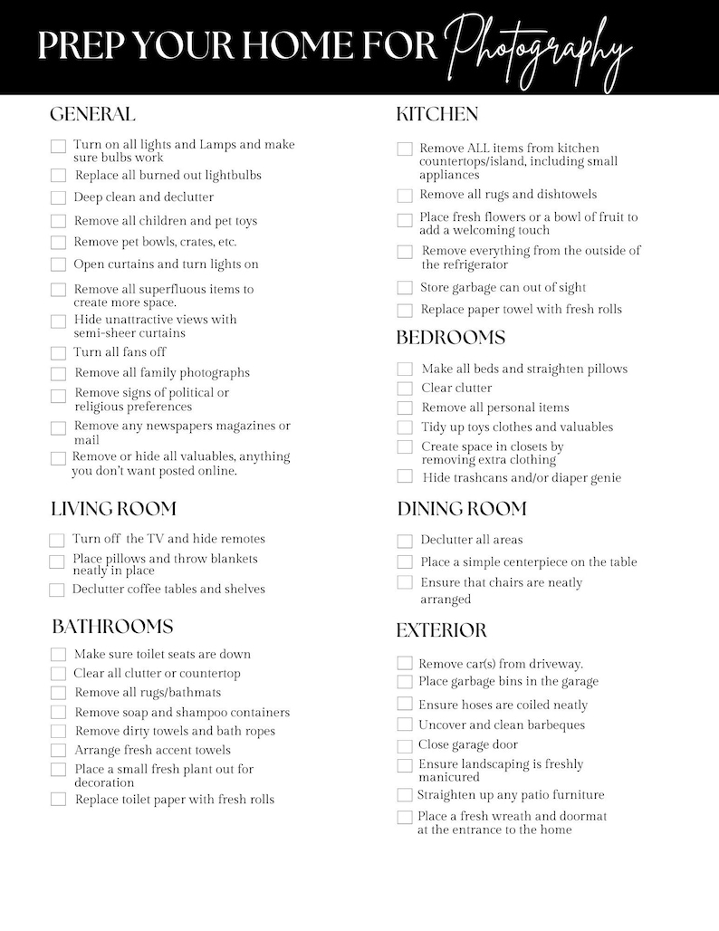 Photography Checlist Example Listing Photoshoot Checklist - Etsy