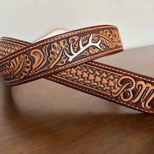 HAND TOOLED LEATHER belt / Floral tooling w/arrowhead stamp and elk antler / Western Leather Belt / Genuine Leather * Made To Order