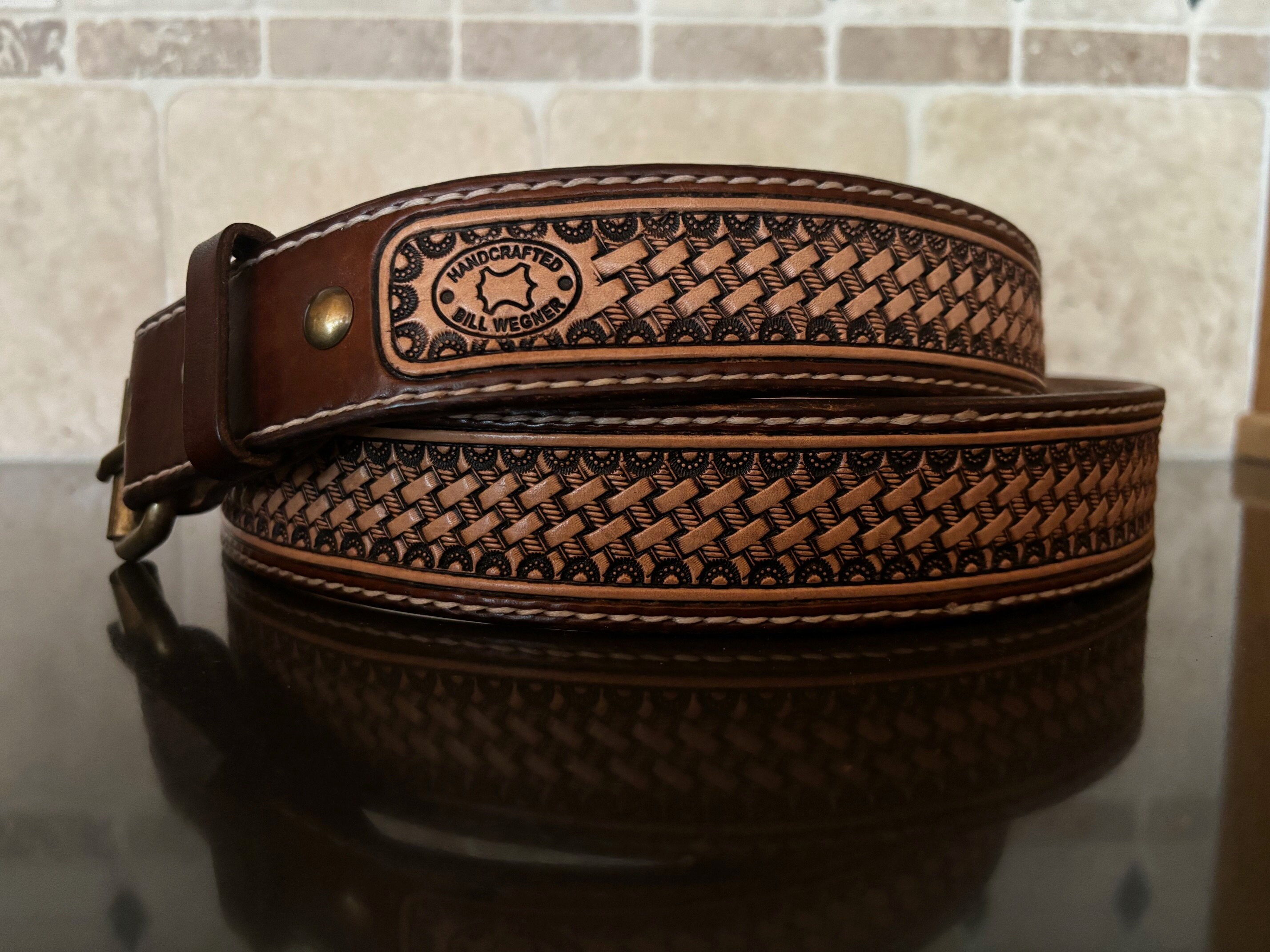 Custom Brown and Black 100% Leather Textured Waist Belt Leather Custom Tooled Black/Brown Belt – Shea Michelle Buckles main image 3