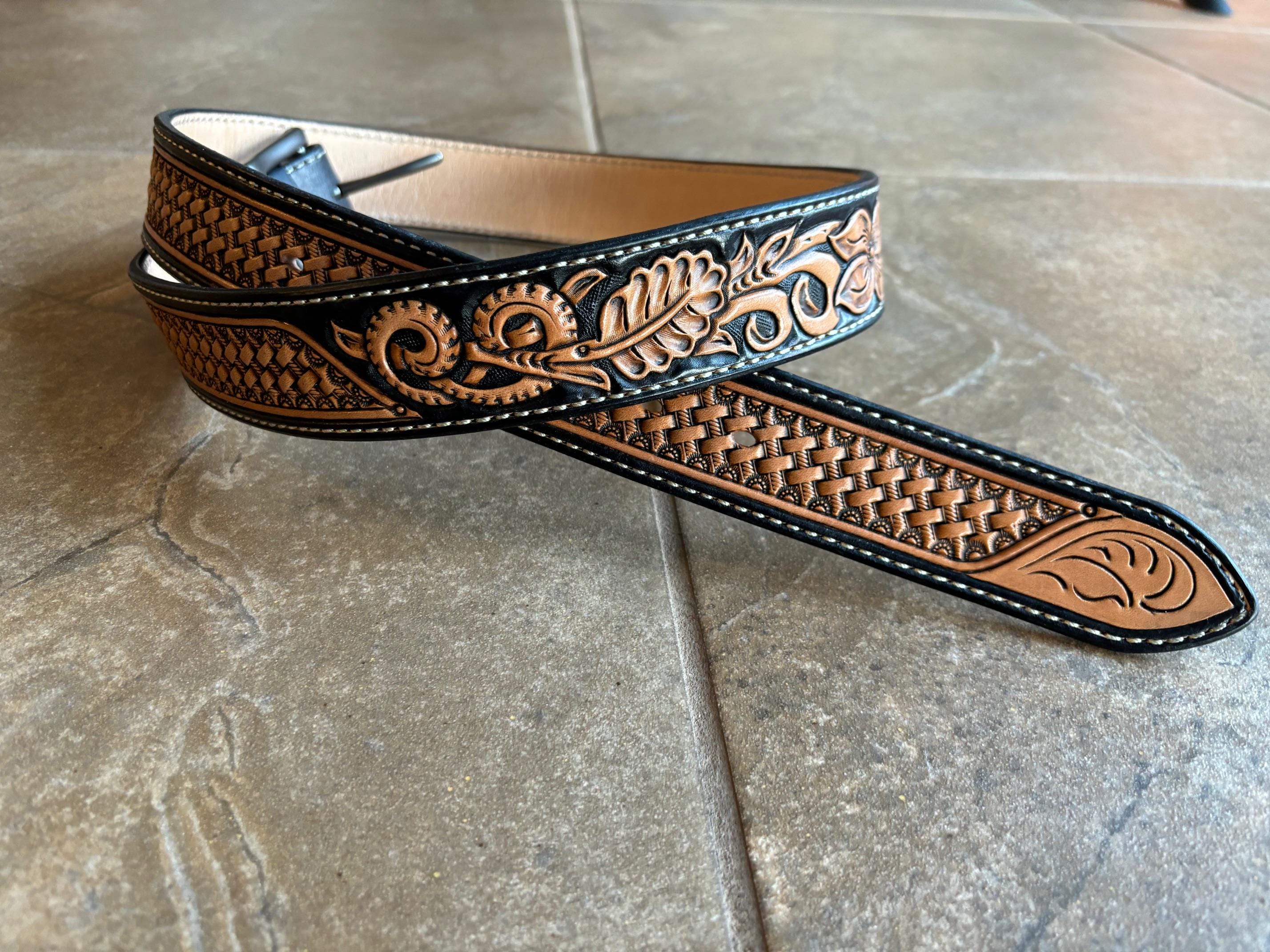 Western Tooled Leather Belt / Custom Floral & Basketweave  display picture 1