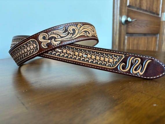 Western Tooled Leather Belt / Custom Floral & Basketweave  display picture 1