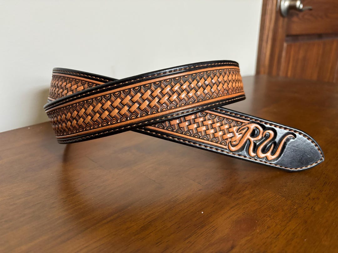 Basket Leather Belt With Name Stamp Hand Tooled Leather Belt