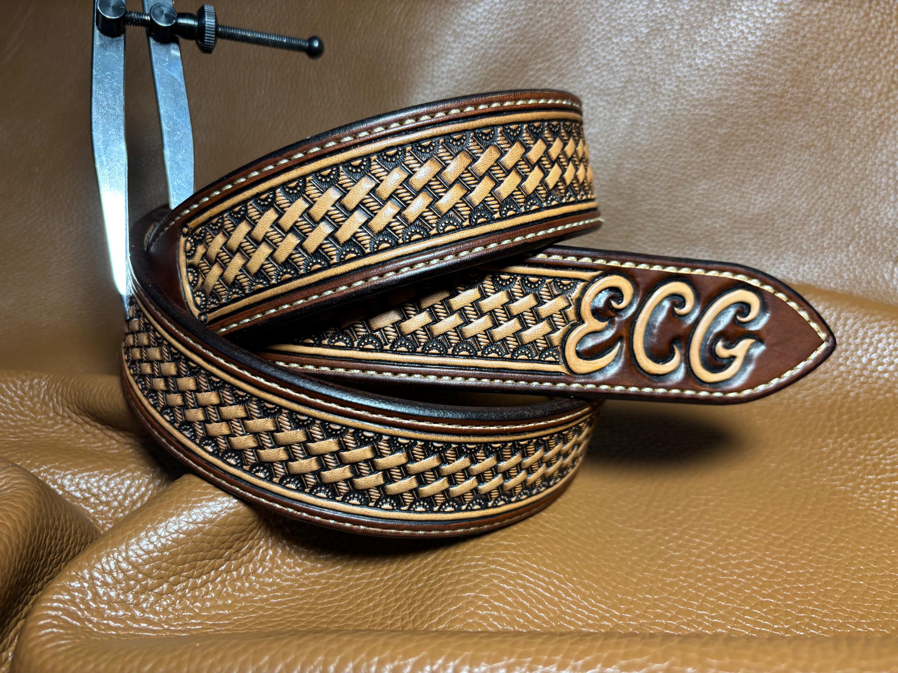 Hand Tooled Leather Belt: Custom Basket Weave Design, Personalized