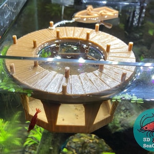 May include: A brown 3D printed shrimp food dispenser with a circular top and a round opening in the center. The dispenser is submerged in a fish tank with a red shrimp swimming nearby. The text "3D SeaCrafts" is visible in the lower right corner of the image.