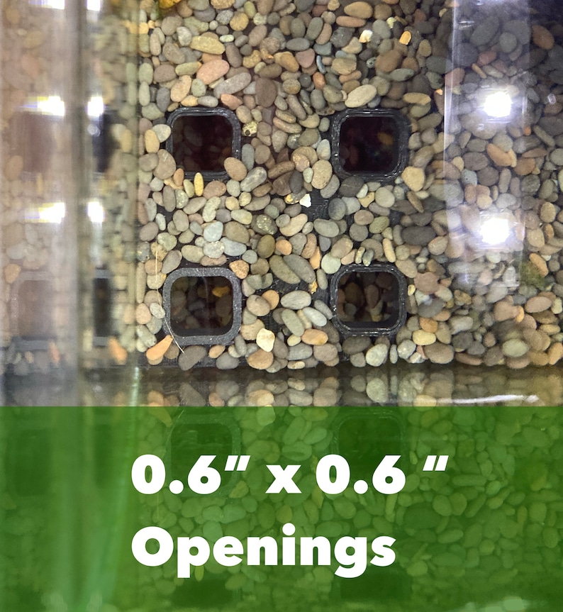 以下が含まれることがあります： 0.6インチ x 0.6インチの開口部を持つ黒いプラスチック製のグリッドのクローズアップ。グリッドは、小さく滑らかな灰色と茶色の石で囲まれています。