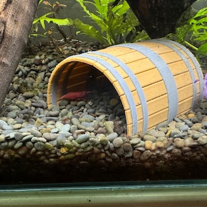 May include: A decorative barrel-shaped aquarium ornament in a fish tank. The barrel is light brown with gray bands. A small red shrimp is visible inside the barrel, surrounded by small gray and brown pebbles. Green plants and a large purple rock are in the background.