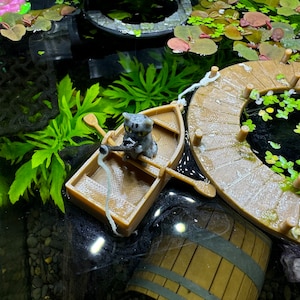 Fishing Grey Tabby Cat and Rowboat Floating Decor | Decorative Aquarium Floater | Water Surface Decoration