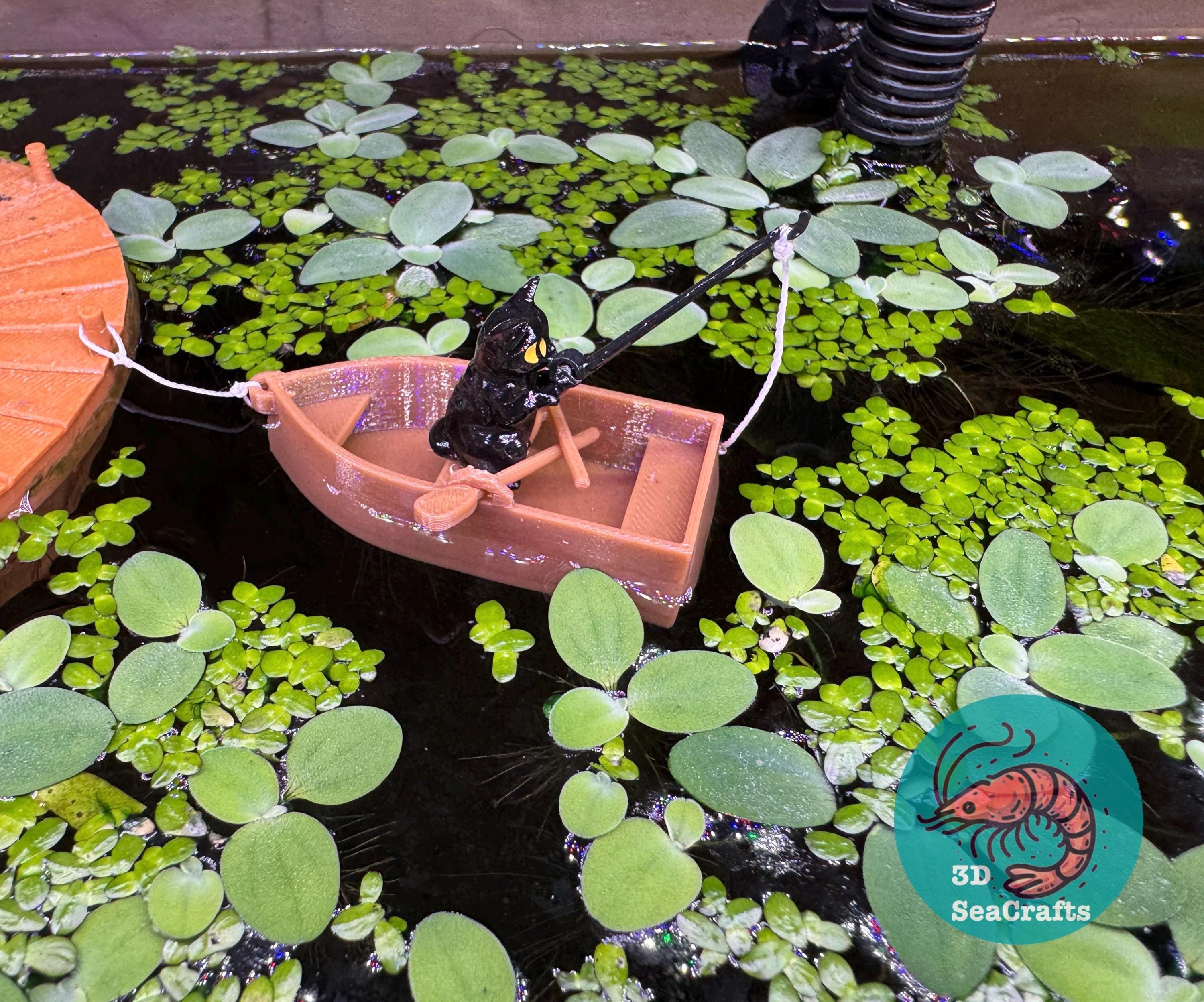 Fishing Black Cat and Rowboat Floating Decor | Decorative Aquarium Floater | Water Surface Decoration