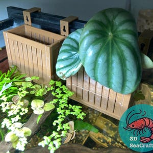 May include: Two brown wooden plant holders with a green leaf plant in the background. The plant holders are attached to the side of a glass aquarium. The text "3D SeaCrafts" is visible in the lower right corner of the image.