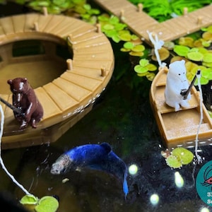 Fishing Bear and Rowboat Floating Decor | Decorative Aquarium Floater | Water Surface Decoration