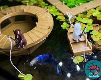 Fishing Bear and Rowboat Floating Decor | Decorative Aquarium Floater | Water Surface Decoration