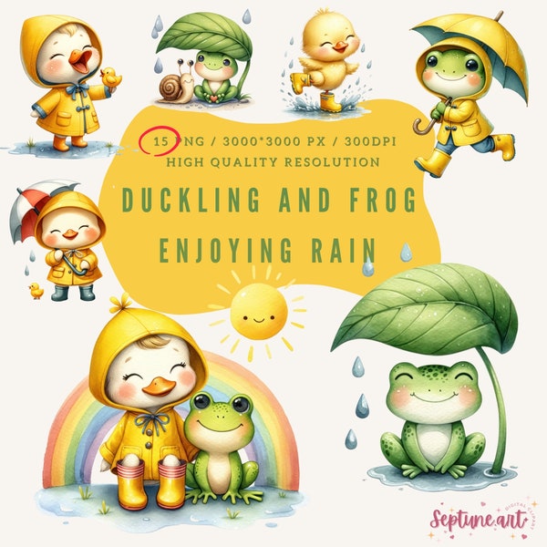 Watercolor Duckling and frog enjoying rain, Raincoat, Rainboots, Raining, Frog, Digital File, Nursery Graphics, Commercial Use, Sublimation