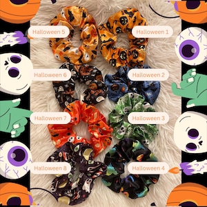 Summerween Halloween Scrunchies with Spooky Ghost, Skull, Bat, Spider, Jack O Lantern