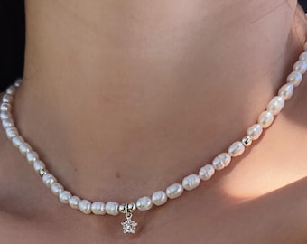 Star Pearl necklace, Celestial Necklace, CZ Star pendant, Beaded pearl necklace with star, Freshwater pearl necklace, Birthday gift for her