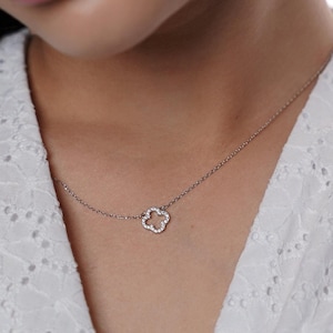 Dainty Shiny Clover Necklace, Tiny Sterling Silver & Cubic Zirconia Clover Necklace, Good Luck Charm,  4 Leaf Flower Pendant, Gift for Her