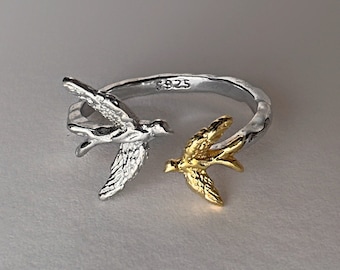 Swallow Ring, Adjustable sterling silver ring with gilding, Tiny Birds Ring, Open Ring, Ring lucky bird jewelry, Nature-inspired jewelry