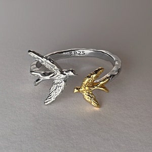 Swallow Ring, Adjustable sterling silver ring with gilding, Tiny Birds Ring, Open Ring, Ring lucky bird jewelry, Nature-inspired jewelry