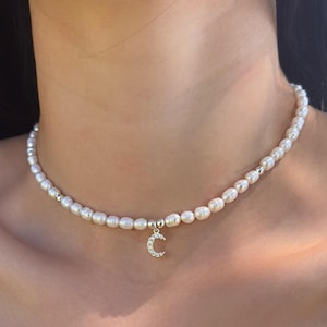 Moon Pearl Necklace, Celestial Necklace, Sterling Silver CZ Moon pendant, Delicate Pearl Choker, Crescent moon necklace Special gift for her