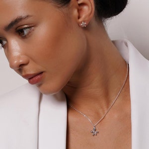 925 Silver Delicate Flower Necklace and Earrings Set, Elegant Floral Jewelry, Perfect Gift for Her, Everyday Jewelry, Tiny Floral Set