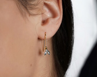 Snowdrop Flower Hook Earrings, Dangle Flower Earrings, Silver with gold-plated Flower Drop Earrings, January birth flower, Gift For Her