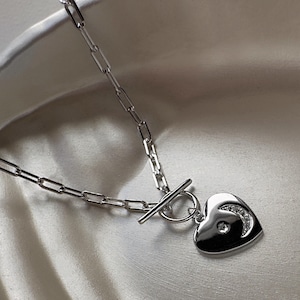 Moon Heart Charm Toggle Necklace, Sterling Silver Heart Pendant Necklace,  Gift For Mom, Birthday Gift, Layer Necklace, Anniversary Gift