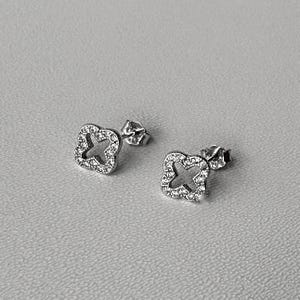 Shiny clover earrings Sterling Silver & Cubic Zirconia Pave Clover Earrings Good Luck Studs Four Leaf Clover Jewelry Tiny Earrings For Her