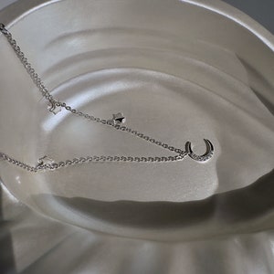Celestial Necklace, Crescent Moon & Star Necklace, Moon Star Charm, Sterling Silver Necklace, Dainty Anniversary Gift for Her, Birthday Gift