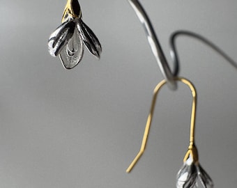 Snowdrop Flower Drop Earrings in Sterling Silver, Silver and Gold plated, Nature Inspired Flower Earrings, January Birth Flower, Botanical