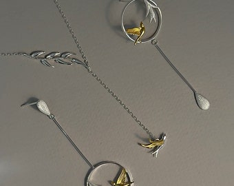 Delicate Birds Jewelry Set,Dainty Birds Necklace,Elegant asymmetric earrings,Dangle Bird Earrings,Flying Bird Hoops earrings,Nature Jewelry