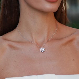 Sterling silver pink flower necklace, white crystal flower pendant, dainty minimalist floral bridal or everyday necklace for women