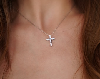 Delicate Cross Necklace, Cubic Zirconia Cross Pendant, Religious Charms, Christian Gifts, Religious Jewelry Gift for Her