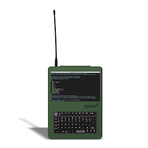 May include: Olive green Spec5 handheld computer with a black antenna. The device features a small keyboard, a screen displaying code, and the word "spec5" printed on the side. The keyboard has white lettering.