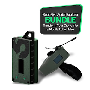 May include: A green and black SpecFive Aerial Explorer Bundle, including a rectangular device with a large "5" graphic and a handheld controller with an antenna. The bundle transforms a drone into a mobile LoRa relay.