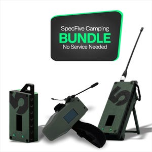 May include: A bundle of three olive green communication devices with antennas. The devices have the number "5" printed on them. The image also includes a black and green banner that reads "SpecFive Camping BUNDLE No Service Needed".