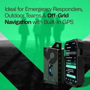 May include: A rugged, olive-green device with a black handle and a screen displaying data, next to a smartphone in a protective case. The text on the screen reads "Meshtastic". The image also includes the text "Ideal for Emergency Responders, Outdoor Teams & Off-Grid Navigation with Built-In GPS."