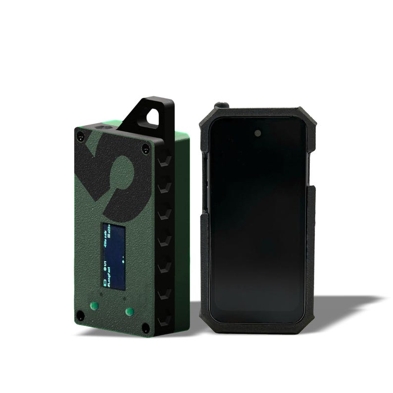 May include: Two electronic devices. One is a rectangular, olive green device with a black handle, a screen, and the number "9" in black. The other is a black smartphone in a protective case.