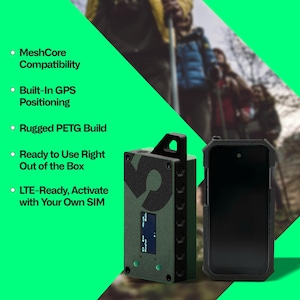 May include: An olive green device with a black handle and a black smartphone. The device has the text "MeshCore Compatibility", "Built-In GPS Positioning", "Rugged PETG Build", "Ready to Use Right Out of the Box", and "LTE-Ready, Activate with Your Own SIM".