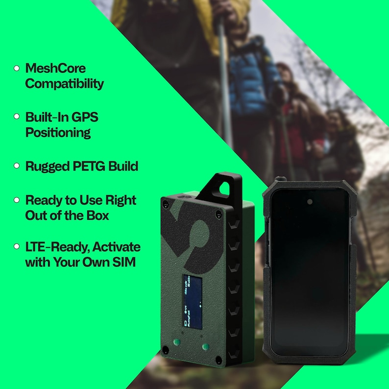 May include: An olive green device with a black handle and a black smartphone. The device has the text "MeshCore Compatibility", "Built-In GPS Positioning", "Rugged PETG Build", "Ready to Use Right Out of the Box", and "LTE-Ready, Activate with Your Own SIM".