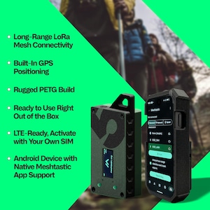May include: A black and green Meshtastic device and a smartphone in a rugged case. The device has a screen and the text "meshtastic.org". The smartphone displays the Meshtastic app interface. Features include GPS, LoRa mesh connectivity, and LTE-ready.