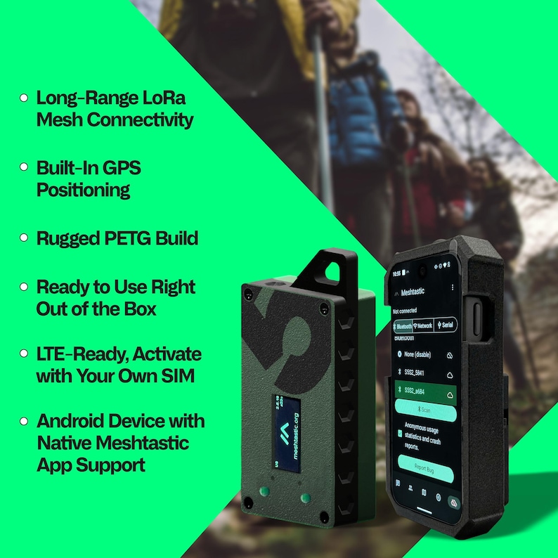May include: A black and green Meshtastic device and a smartphone in a rugged case. The device has a screen and the text "meshtastic.org". The smartphone displays the Meshtastic app interface. Features include GPS, LoRa mesh connectivity, and LTE-ready.