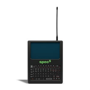 May include: A black handheld device with a screen and keyboard, featuring the word "spec5" in green. It has a small antenna and a dark blue screen. The keyboard includes letters, numbers, and function keys.