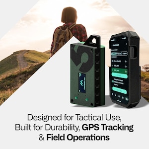 May include: An olive green GPS tracking device with a black case and a black smartphone in a protective case. The device has the text "Meshtastic" and "Designed for Tactical Use, Built for Durability, GPS Tracking & Field Operations."
